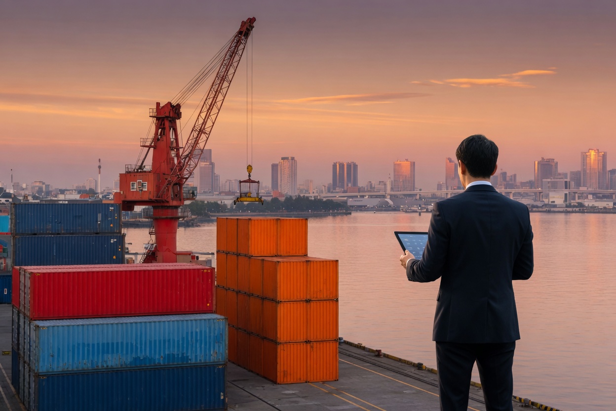 Profesional en el puerto, de espaldas, mirando contenedores y una grúa